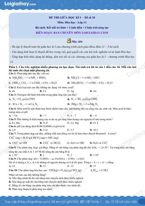 Đề thi giữa kì 1 Hóa 11 Chân trời sáng tạo - Đề số 10